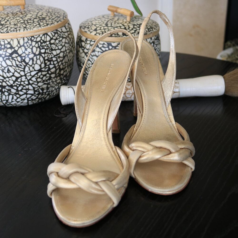 BCBGMAXAZRIA Open-Toe Gold Heels (Size 9.5)